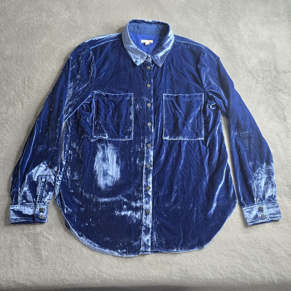 Pilcro Anthropologie Hadley Shurt Womens Blue Medium Button Down Velvet Blouse
